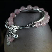 Load image into Gallery viewer, Pink Crystal Round Beads Chain Real 925 Sterling Silver Tassel Bell Carving Pattern Vintage Leaf Wedding Bracelet Bangle Women