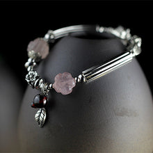 Load image into Gallery viewer, Pink Crystal Round Beads Chain Real 925 Sterling Silver Tassel Bell Carving Pattern Vintage Leaf Wedding Bracelet Bangle Women