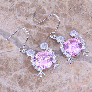 Pink & White CZ Silver Drop Dangle Frog Earrings For Women Free Gift Bag N0886