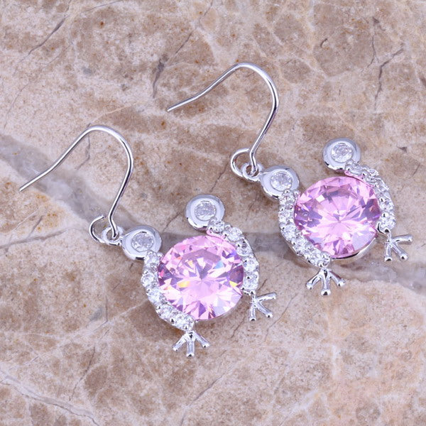 Pink & White CZ Silver Drop Dangle Frog Earrings For Women Free Gift Bag N0886