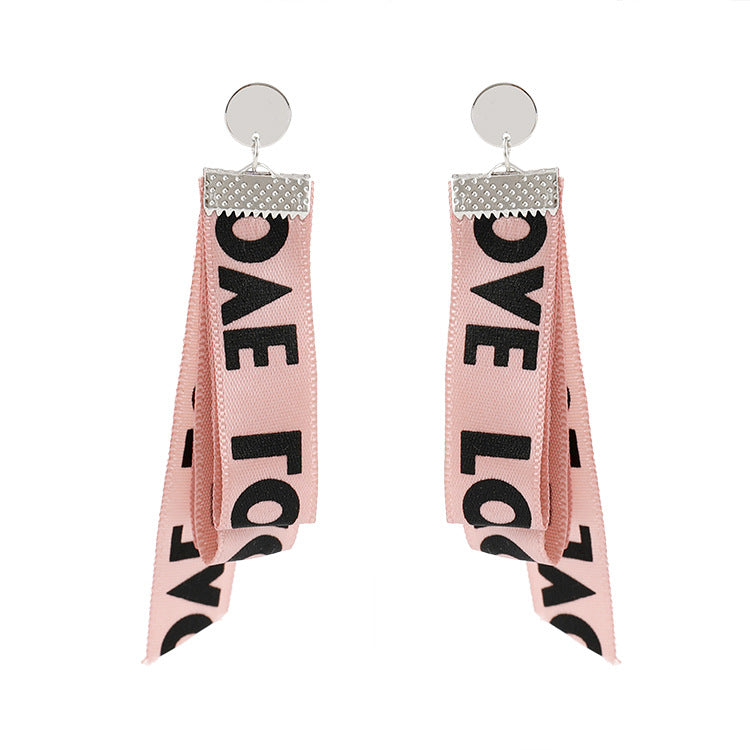 Pink colors Exaggerate Big Letter Ribbon Long Drop Earrings For Women Gift Fashion Jewelry