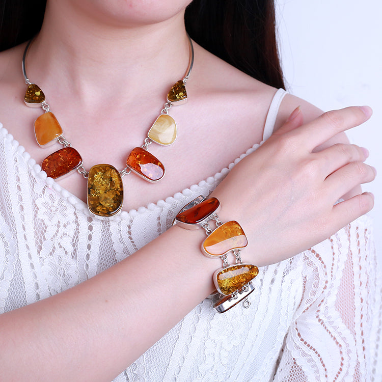 Poland imported natural amber gold twist bead silver sterling silver 100% necklace bracelet suit factory price fidelity 118g