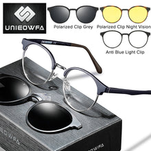 Load image into Gallery viewer, Polarized 3 in 1 Magnet Clip On Glasses Frame Women Retro Round Optical Eyeglasses Frame Men Prescription Myopia Frame Vintage