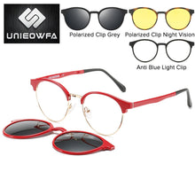 Load image into Gallery viewer, Polarized 3 in 1 Magnet Clip On Glasses Frame Women Retro Round Optical Eyeglasses Frame Men Prescription Myopia Frame Vintage