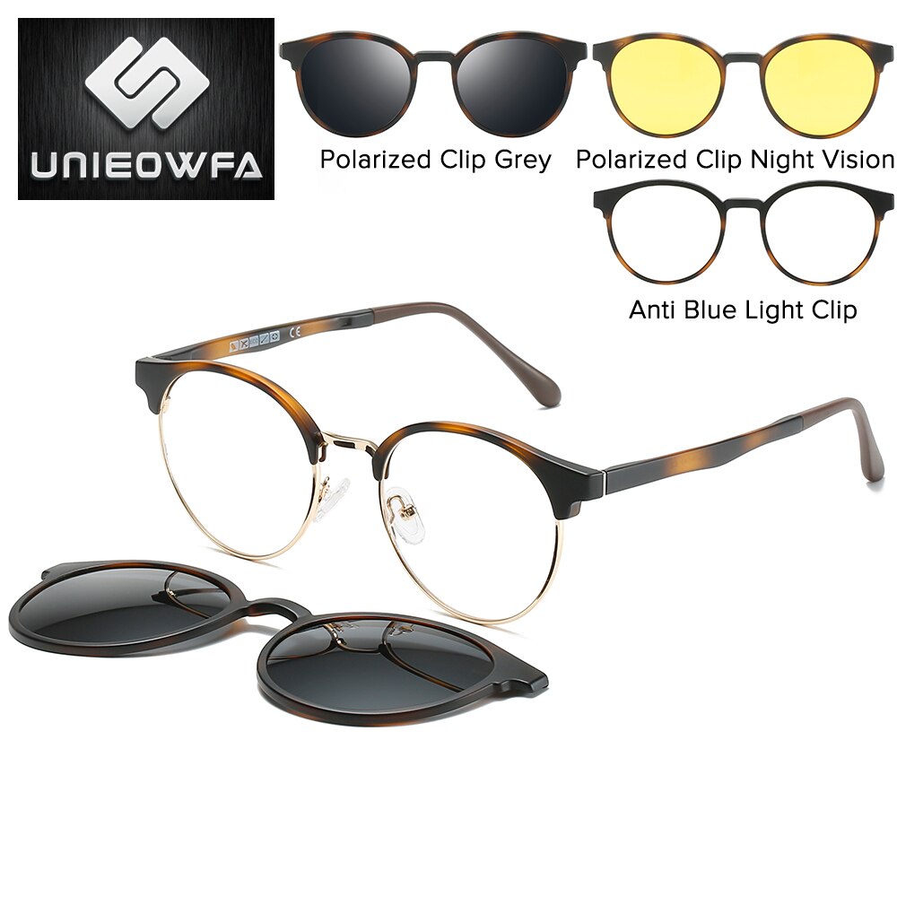 Polarized 3 in 1 Magnet Clip On Glasses Frame Women Retro Round Optical Eyeglasses Frame Men Prescription Myopia Frame Vintage