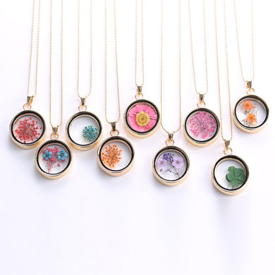 Popular Dried Flower Necklaces Korean Womens Long Gold Beads Chain Colorful Round Pendant  Jewelry For Girls