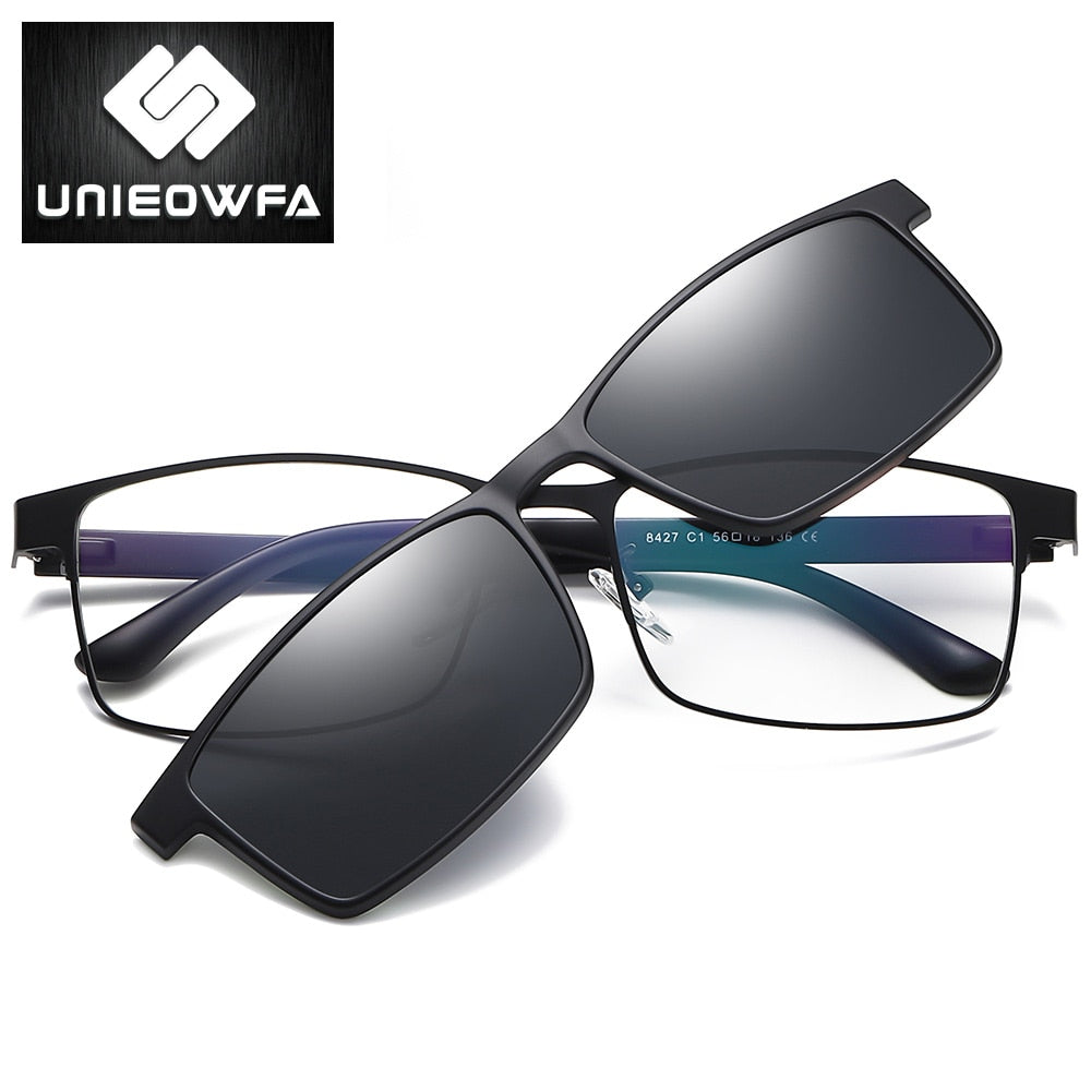 Prescription 2 In 1 Magnet Clip On Glasses Frame Men Optical Polarized Sunglasses Myopia Degree Eyeglasses Frame Male Brand 2022
