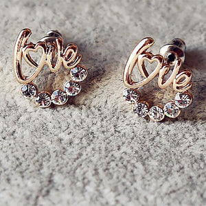 Pretty New Women gold color LOVE hollow crystal stud earrings Lady Fashion Jewelry For Party Celebration