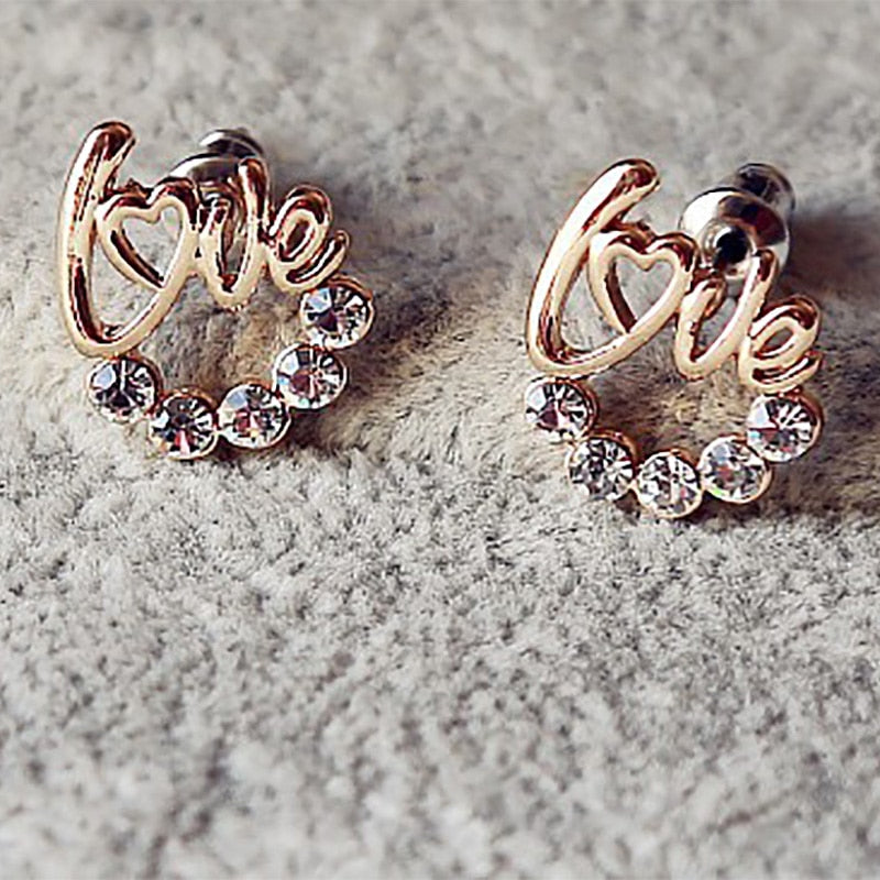 Pretty New Women gold color LOVE hollow crystal stud earrings Lady Fashion Jewelry For Party Celebration