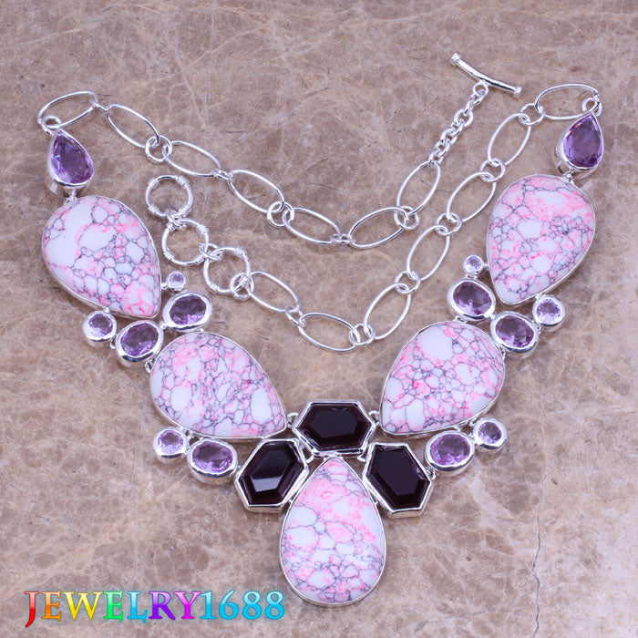 Pretty Pink Natural Stone Purple Cubic Zirconia 925 Sterling Silver Grade Necklace L703