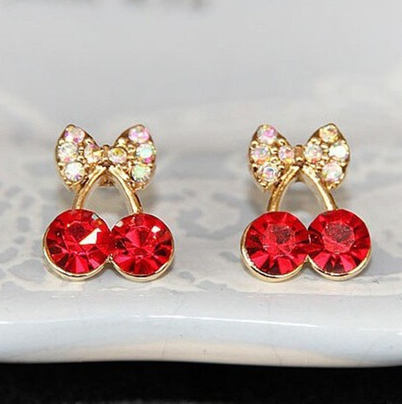 Promotion Korean Exquisite Sweet Girls Fashion Crystal Cherry Bowknot Accessories Stud Earrings 8ED26