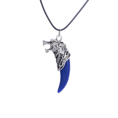Punk Antique Silver Chain Wolf Fang Tooth Necklace Co Multicolor Stone Pendant Necklace Jewelry For Men Amulet