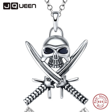 Punk Men Necklace 925 Sterling Silver Gothic Double Knife Skelet Pendant Necklace for Man with Black Spinel 16/18 inch with box