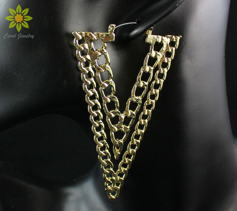 Orecchini lunghi a triangolo a forma di V con catena a maglie in oro punk rock per donna 1 paio 