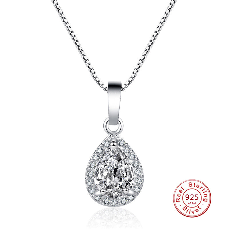 Pure 925 Sterling Silver Necklace Female Big water drop CZ Crystal Pendant Necklace With Box Chain Elegant Brief Anti-allergic