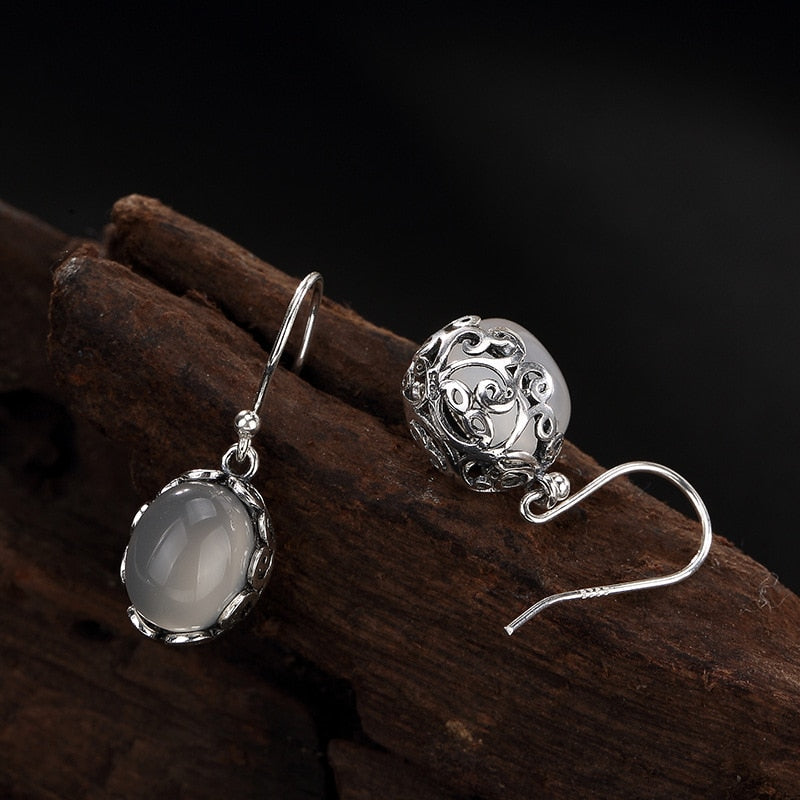 Pure Silver Decorative White Pith Mosaic Eardrop Ways Silver Earrings Wholesale High-grade