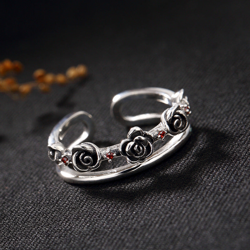 Pure Silver Han Edition Pomegranate Red Roses Restoring Ancient Ways Ring Ring Wholesale High-grade Ladies Openings