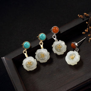 Pure Silver Plated Silver Natural Hetian Jade White Jade South Red Pine Plum Blossom Multi Touch Female Ear Pin Eardrop