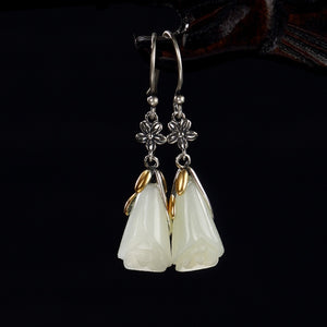 Pure Silver Ways Old Mosaic Hetian Jade Magnolia Flower Wholesale High-grade Pendant Earrings