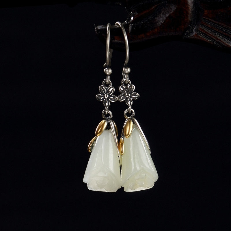 Pure Silver Ways Old Mosaic Hetian Jade Magnolia Flower Wholesale High-grade Pendant Earrings