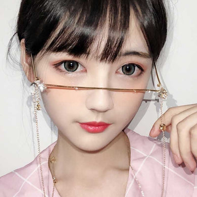 Q Eyeglasses Frame For Women Water Drop Lens Less Chain Pearl Pendant Half Frame Luxury Diamond Glasses Shades