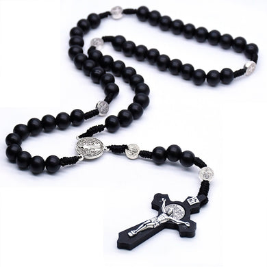QIGO Collane con ciondolo rosario con croce nera antica religiosa in legno religioso Collana con perline di Gesù San Benedetto per gioielli da uomo e donna 