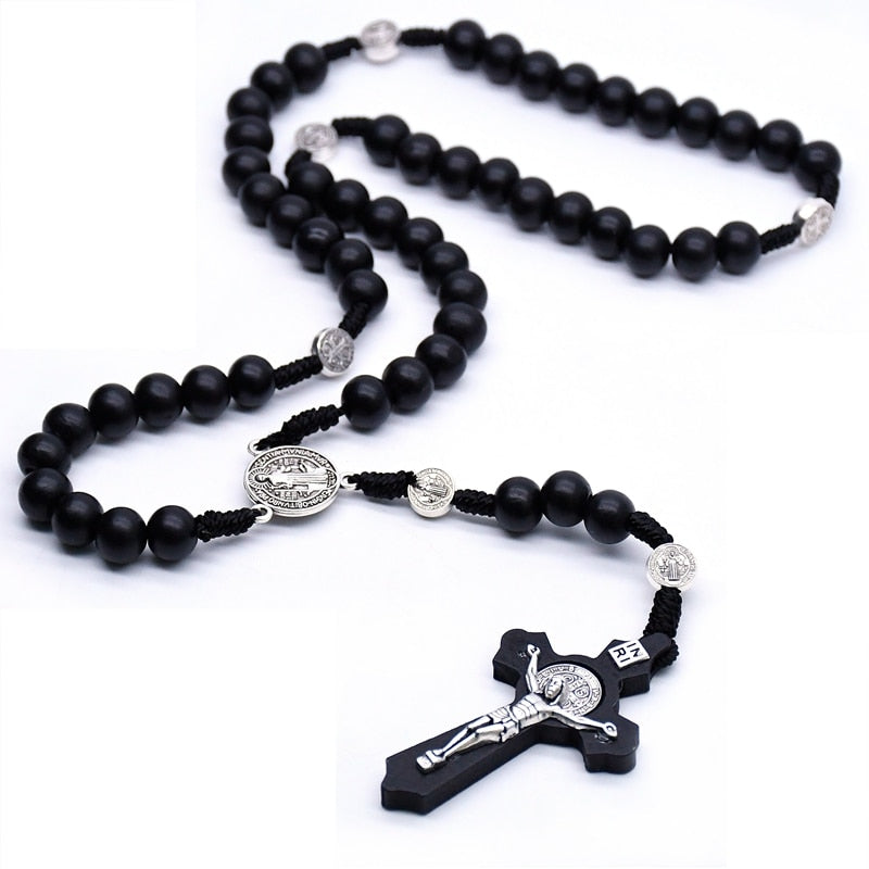 QIGO Collane con ciondolo rosario con croce nera antica religiosa in legno religioso Collana con perline di Gesù San Benedetto per gioielli da uomo e donna 
