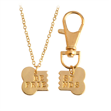 2pcs/set Gold Silver Color Dog Bone Best Friends Charm Necklace & Keychain BFF Bones Friends Jewelry