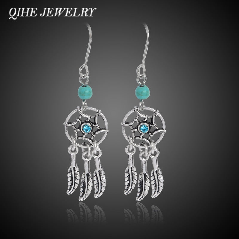 Ancient Silver Color Blue Beads Dreamcatcher Earrings Dream Catcher Jewelry Bohemian Style Women Jewelry aretes