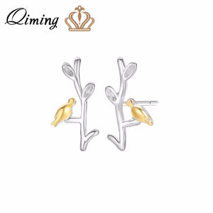 Branch Bird Stud Earrings for Women Delicate Design Statement Jewelry Silver Yellow Birds Tree Charm Girls Gift