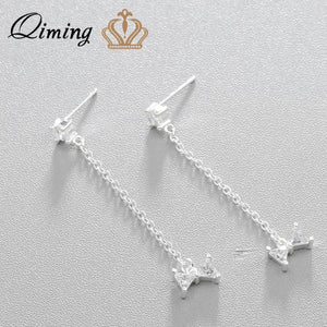 Clear Stone Korean Earrings For Women Tiny Bow Zircon Charm Long Chain Fairy Cute Fashion Jewelry Silver Stud Earrings