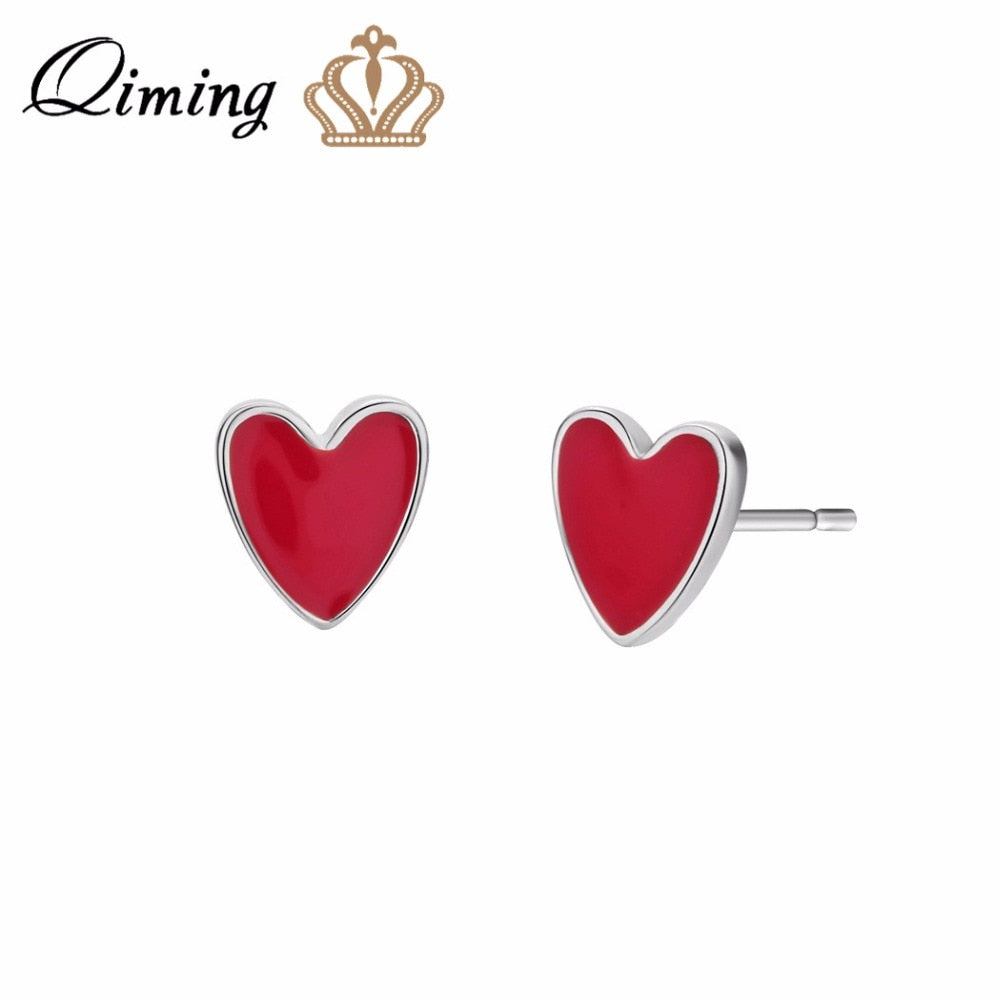Little Red Love Heart Earrings For Women Silver Korean Jewelry Silver Chic Brincos Women Baby Girl Stud Earrings