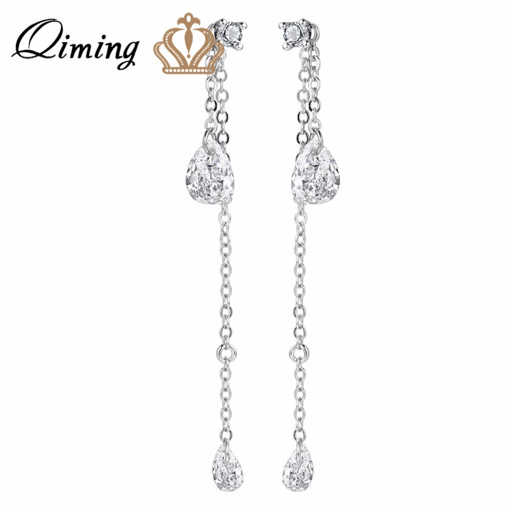Pure Wedding Earrings For Bride Women 925 Sterling Silver Jewelry Simple Crystal Long Earrings Engagement Gift Stud E