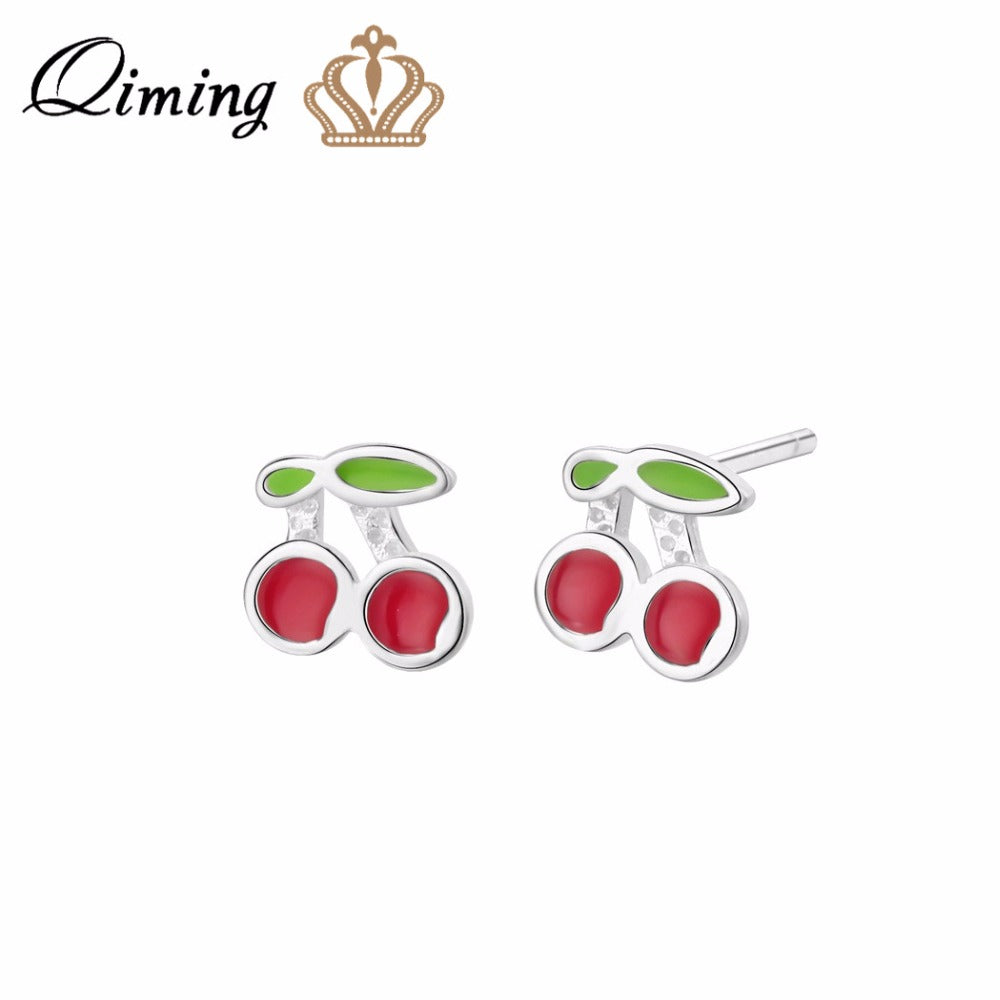Red Cherry Baby Earrings Women Silver Korean Jewelry Accessories Sweet Gift Fruit Bohemia Cute Stud Earrings