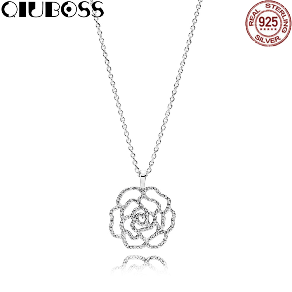 925 Sterling Silver Shimmering Rose Pendant Necklace, Clear CZ Fit Charms Women Original jewelry 390368CZ