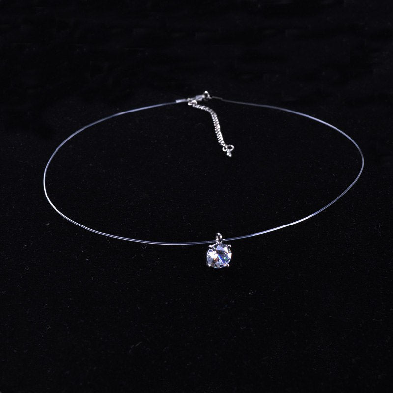 Silver color Dazzling AAA Zircon CZ Pendant Necklace Women Girls Invisible Transparent Fishing Line Fish Wire Choker