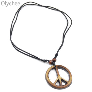 Q Manmade Ox Bone Resin Peace Symb Pendant Necklace Beads Decorative Rope LongChain Men Women Necklace Unisex