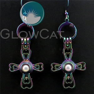 R-CE270 Rainbow Cross Earrings Beads Pearl Cage Locket Perfume Aromather Statement Drop Dangle Earring for Girl