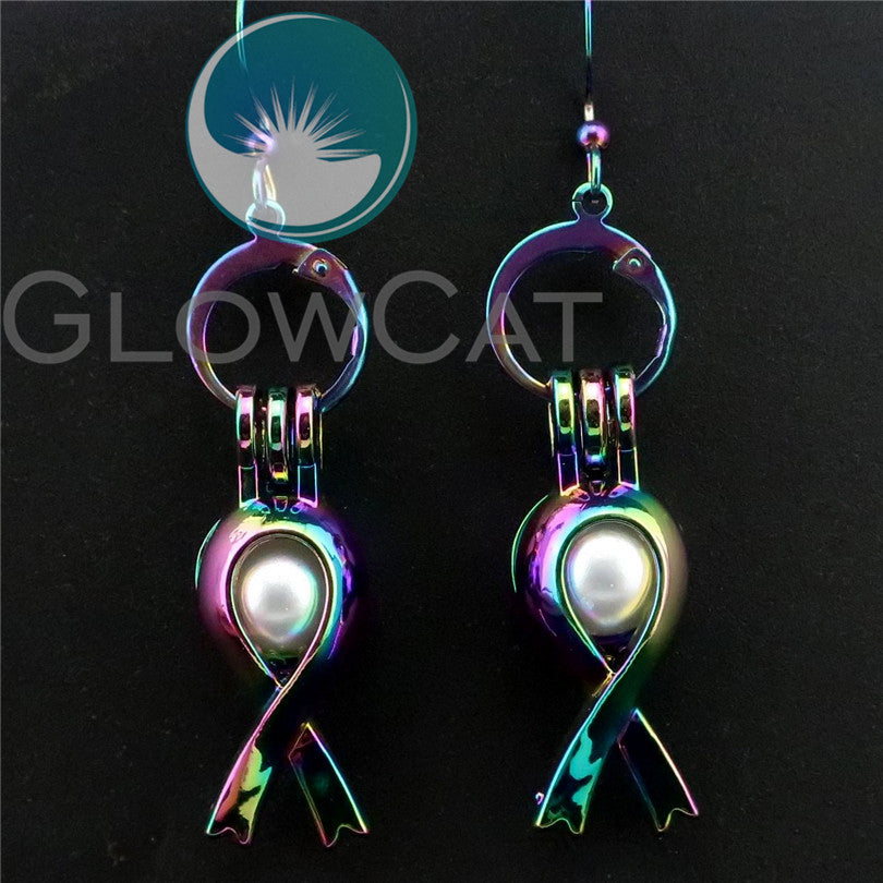 R-CE285 Rainbow Ribbon Symb Earrings Beads Pearl Cage Locket Perfume Aromather Statement Drop Dangle Earring for Girl