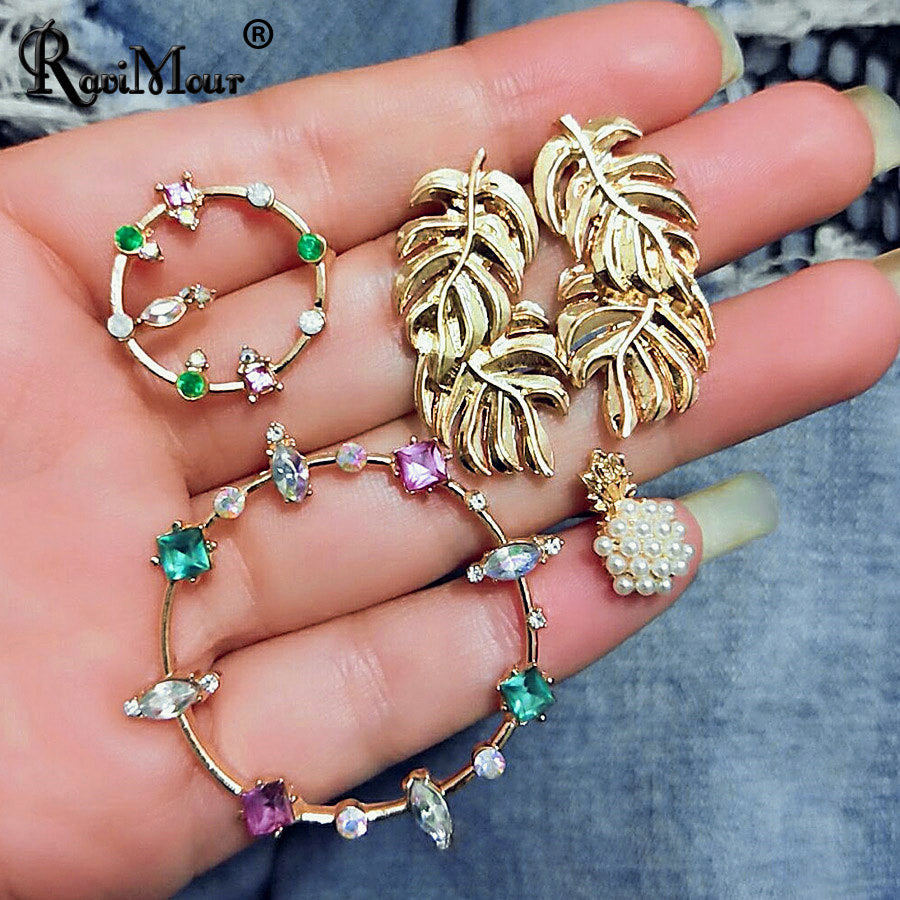 RAVINOUR Boho Statement Stud Earrings for Women Big Small Circle Leaves Multicolor Crystal Pinapple Earings Fashion Jewelry 2018