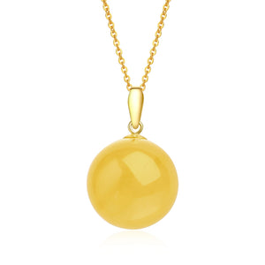 Nature Amber Pendant Necklace 12mm Smooth Ball Charm Pure 18K Yellow Gold AU750 Rolo Chain 18