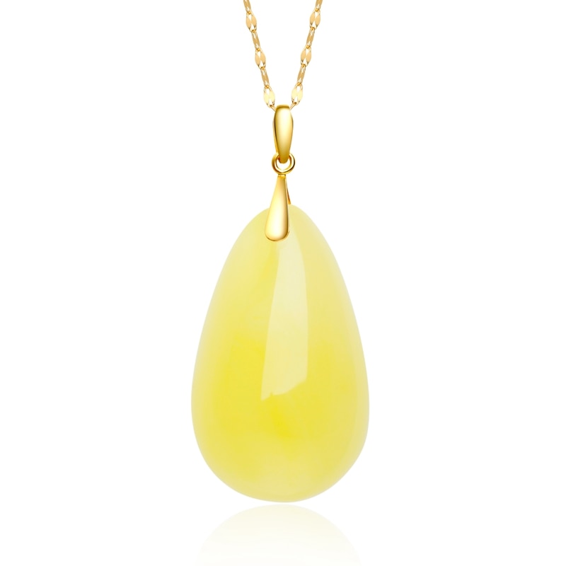 Nature Amber Pendant Necklace Water Drop Charm Pure 18K Yellow Gold AU750 Rolo Chain 18