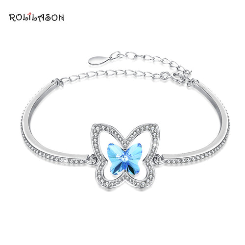 925 Sterling Silver Butterfly Bangles for Women Jewelry Blue Sapphire Two Layer Chain Link Bracelet 9.4g LB006
