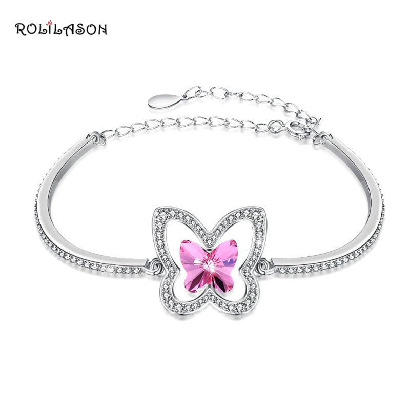 925 Sterling Silver Butterfly Bracelets Bangles for Women Jewelry Sapphire Two Layer Chain Link Bracelet Female LB005