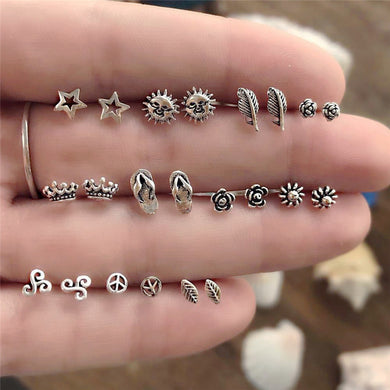 11 Pairs/lot Unique Design Vintage Tiny Stud Earrings Set For Women Punk Rose Crown Sun Stars Feather Geometric Earrings