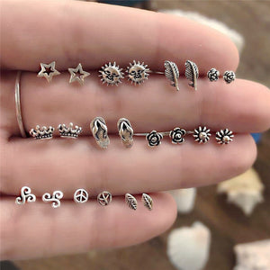 11 Pairs/lot Unique Design Vintage Tiny Stud Earrings Set For Women Punk Rose Crown Sun Stars Feather Geometric Earrings