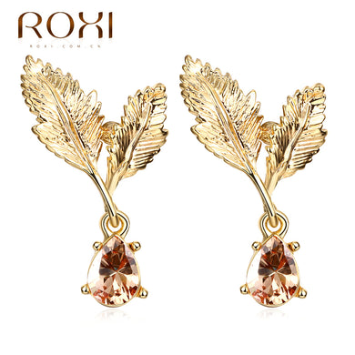 Brand Earrings For Women Retro Leaf Glass Pendant Stone Gold Color Stud Earrings Wedding Fashion Jewelry pendientes
