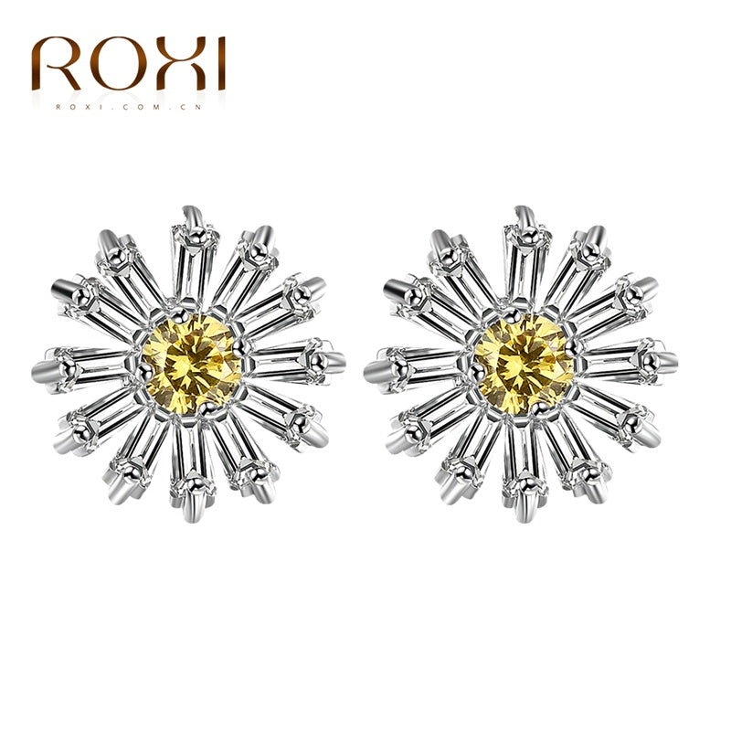 New Romantci Stud Earrings Silver Color Passionate Sunflower Shape Yellow Zircon Women Girls Daisy Earrings Jewelry
