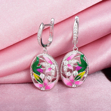 Bohemian Enamel Flower Silver Earrings For Women Engagement 925 Sterling Silver Earring Handmade Enamel Party Jewelry