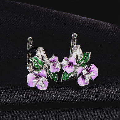 Enamel Flower Silver Stud Earring For Women Handmade 925 Sterling Silver Earring Cubic Zirconia Wedding Party Jewelry
